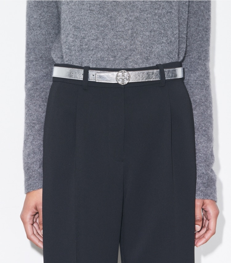 Tory Burch designer belts 1" Miller Metallic Belt in Black/Silver accessory on model