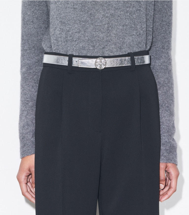 Tory Burch designer belts 1" Miller Metallic Belt in Black/Silver front