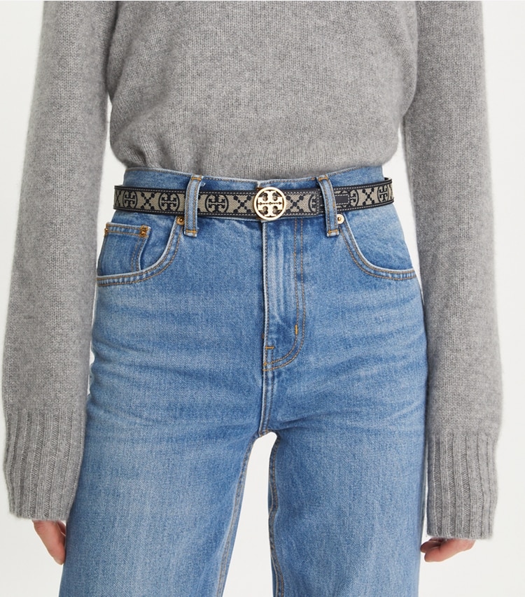 Tory Burch designer belts 1" Miller Monogram Belt in Tory Navy accessory on model