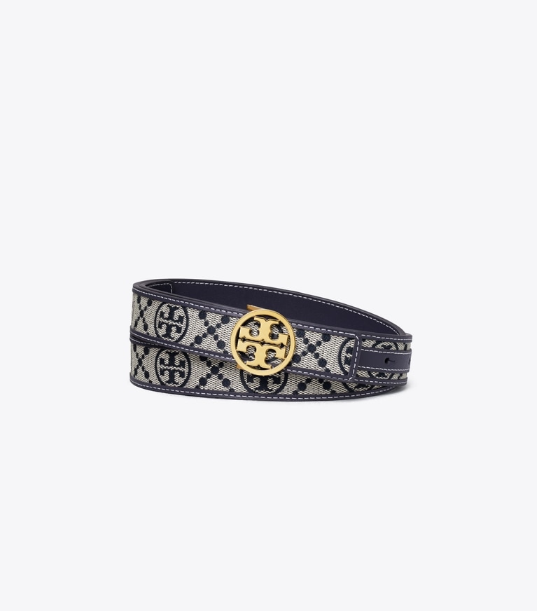 Tory Burch designer belts 1" Miller Monogram Belt in Tory Navy front