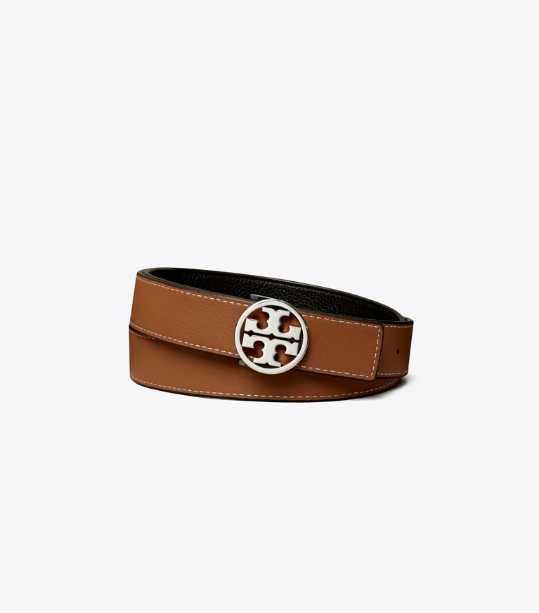 Tory Burch designer belts 1" Miller Reversible Belt in Black / Classic Cuoio / Silver front