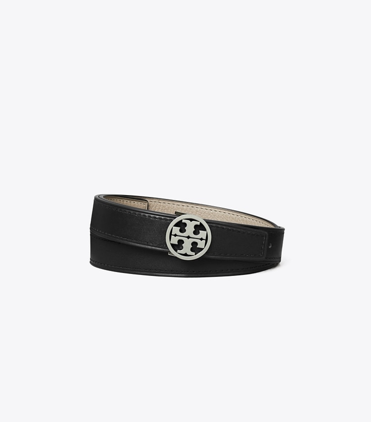 Tory Burch designer belts 1" Miller Reversible Belt in Gray Heron / Black / Silver back