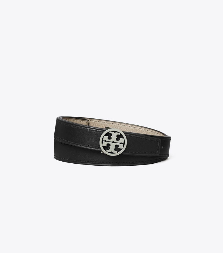 Tory Burch designer belts 1" Miller Reversible Belt in Gray Heron / Black / Silver front