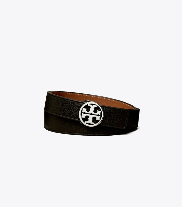 Tory Burch designer belts 1" Miller Reversible Belt in Black / Classic Cuoio / Silver front