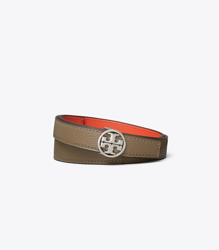 Tory Burch designer belts 1" Miller Reversible Belt in Wild Mushroom/Warm Fire/Silver front