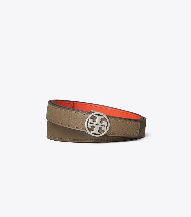 Tory Burch designer belts 1" Miller Reversible Belt in Wild Mushroom/Warm Fire/Silver front