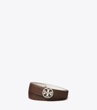 Tory Burch designer belts 1" Miller Reversible Belt in Dark Cocoa / Light Cream / Silver front