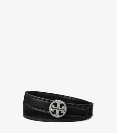 Tory Burch designer belts 1" Miller Reversible Pavé Belt in Black / SIlver front