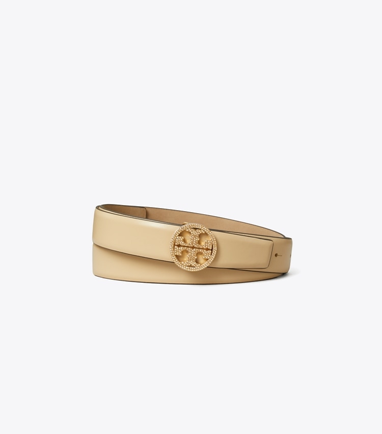 Tory Burch designer belts 1" Miller Smooth Leather Pavé Logo Belt in Vanilla Soft Serve front