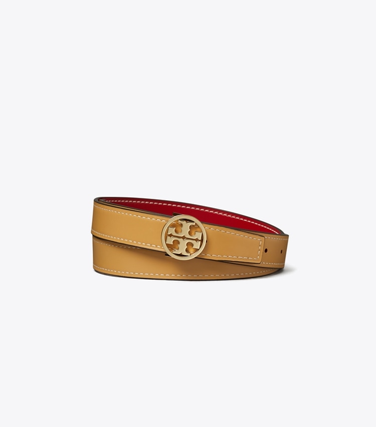 Tory Burch designer belts 1" Miller Smooth Reversible Belt in Tory Red / Ginger Shortbread / Gold back