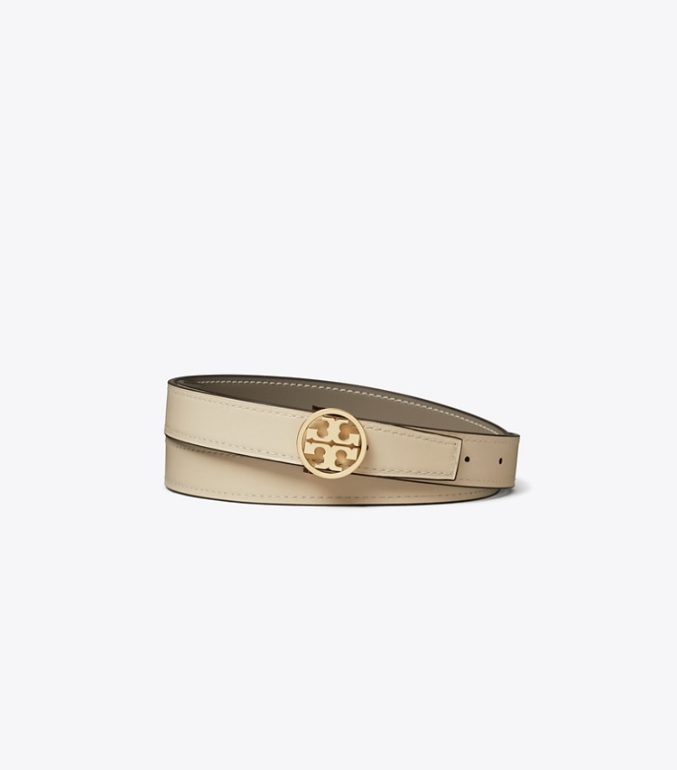 Tory Burch designer belts 1" Miller Smooth Reversible Belt in Gray Heron / New Cream / Gold back
