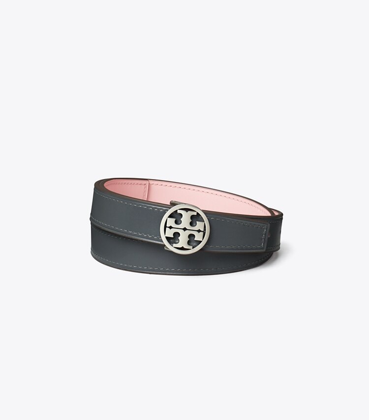 Tory Burch designer belts 1" Miller Smooth Reversible Belt in True Pink / Deep Steel / Silver back