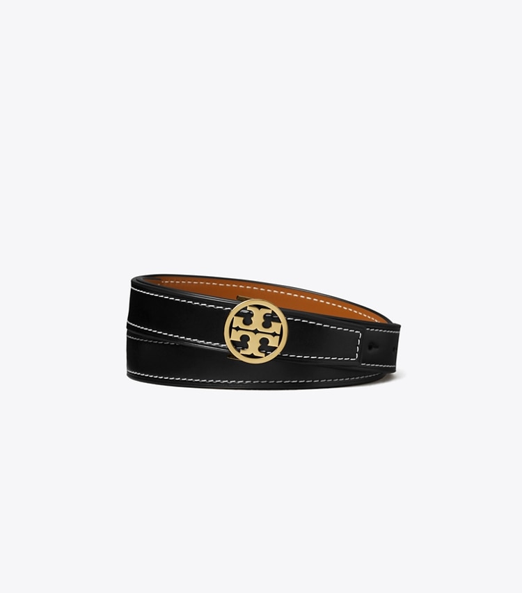 Tory Burch designer belts 1" Miller Smooth Reversible Belt in Black / Malt Whiskey / Gold front