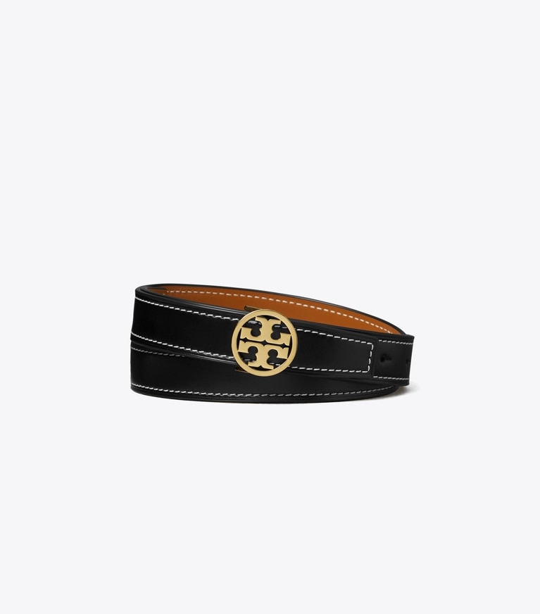 Tory Burch designer belts 1" Miller Smooth Reversible Belt in Black / Malt Whiskey / Gold front