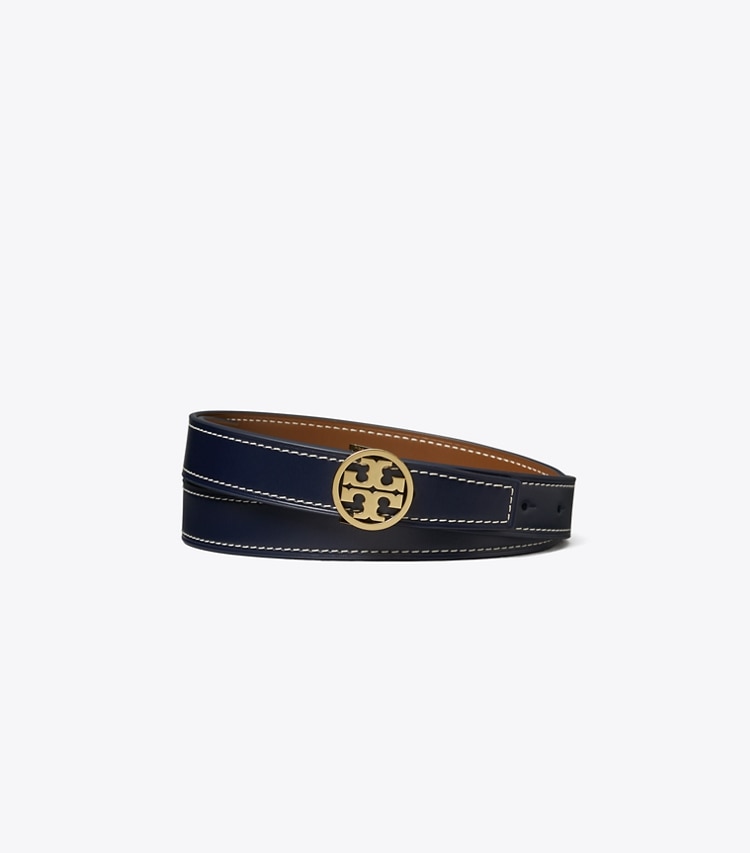 Tory Burch designer belts 1" Miller Smooth Reversible Belt in Tory Navy / Moose / Gold front