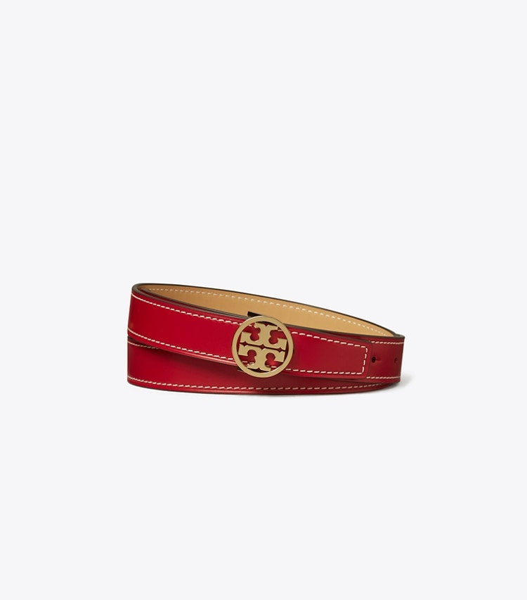 Tory Burch designer belts 1" Miller Smooth Reversible Belt in Tory Red / Ginger Shortbread / Gold front