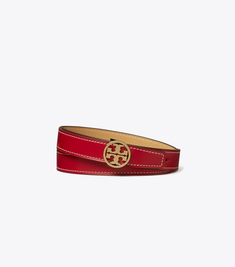 Tory Burch designer belts 1" Miller Smooth Reversible Belt in Tory Red / Ginger Shortbread / Gold front