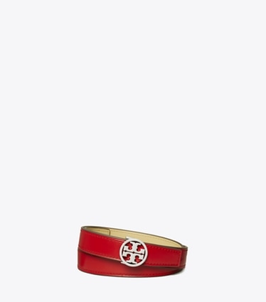 Tory Burch designer belts 1" Miller Smooth Reversible Belt in Red Sky / Praline / Silver front