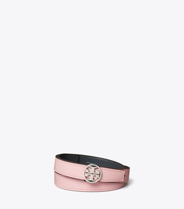 Tory Burch designer belts 1" Miller Smooth Reversible Belt in True Pink / Deep Steel / Silver front