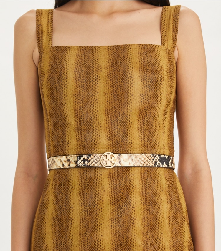 Tory Burch designer belts 1" Miller Snake Belt in Crown / GOLD accessory on model
