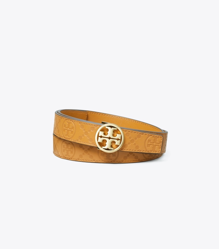 Tory Burch designer belts 1" Miller T Monogram Leather Belt in Tan / Gold front