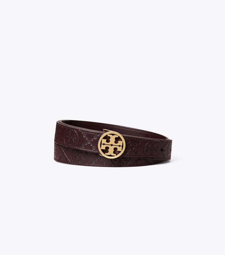 Tory Burch designer belts 1" Miller T Monogram Leather Belt in Maroon front