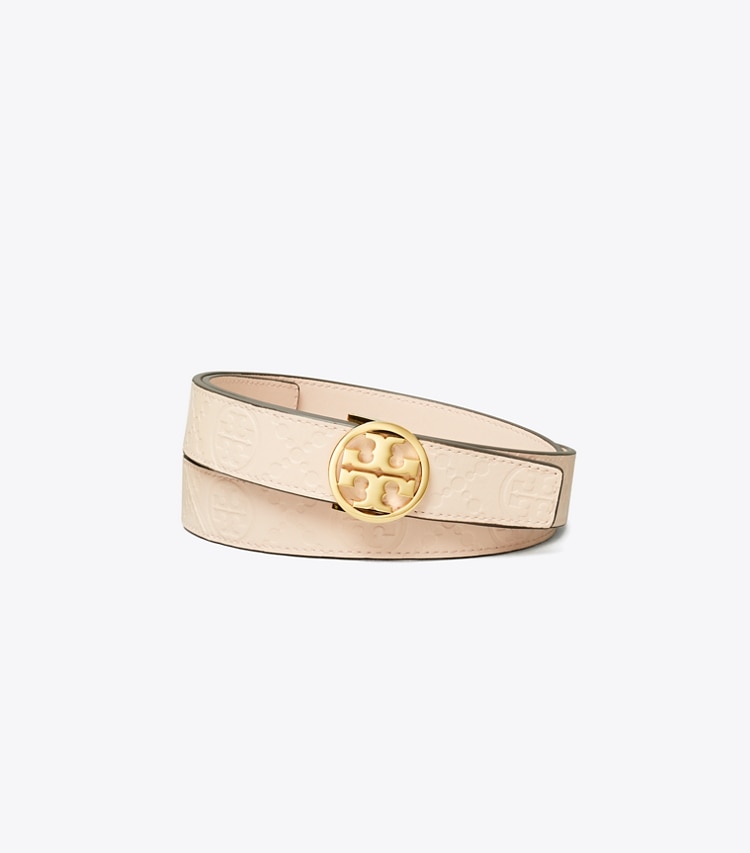 Tory Burch designer belts 1" Miller T Monogram Leather Belt in Pink Sea / GOLD front