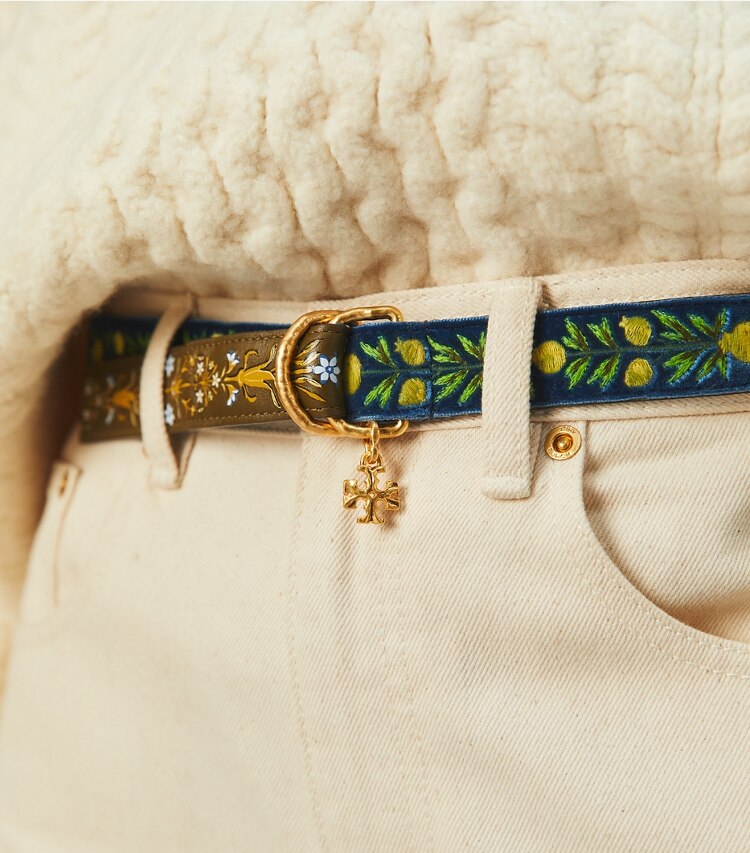 Tory Burch designer belts 1" Ribbon Belt in Pottery Blue / LECCIO additional on model