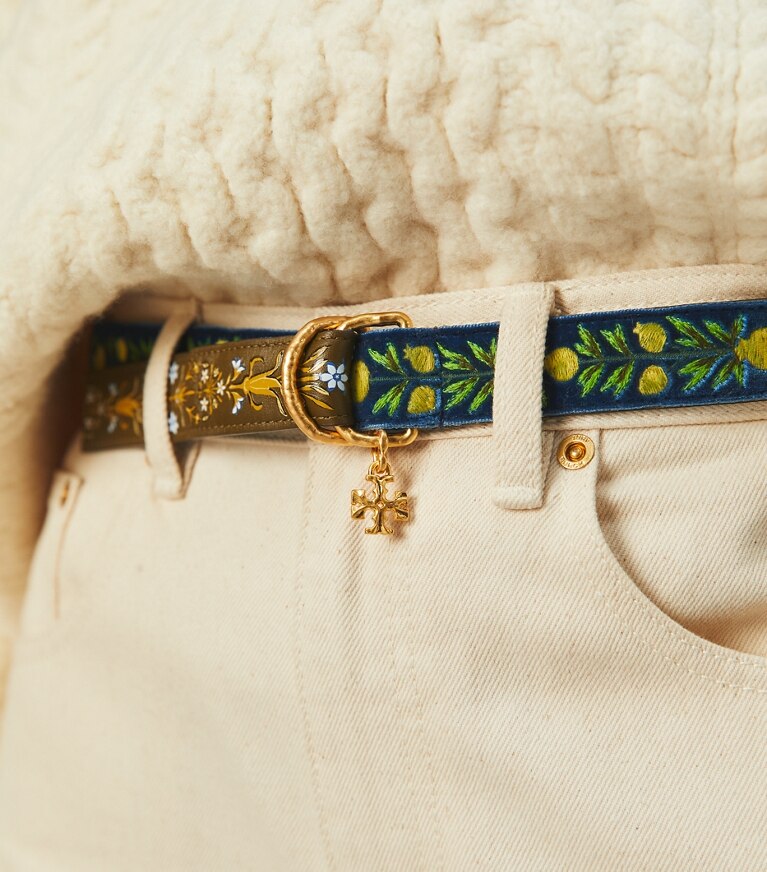 Tory Burch designer belts 1" Ribbon Belt in Pottery Blue / LECCIO front