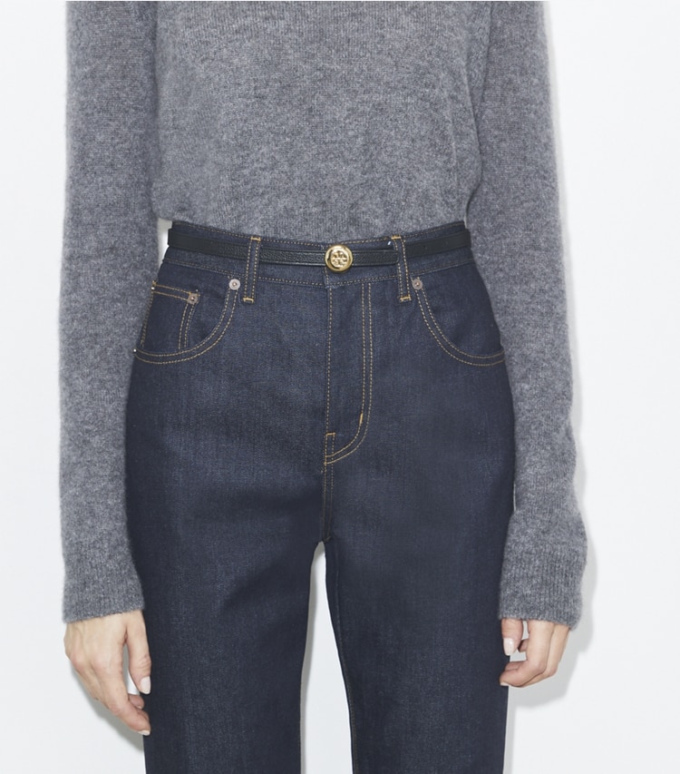 Tory Burch designer belts 1" Romy Reversible Belt in Dark Kale / Light Stone accessory on model