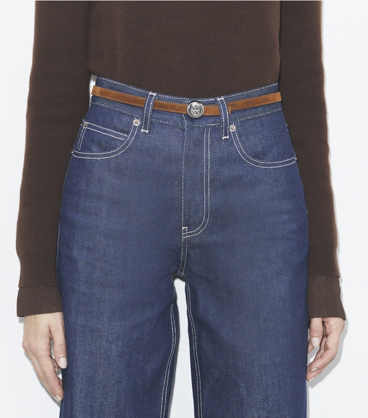 Tory Burch designer belts 1" Romy Reversible Suede Belt in Park Bench / Tiramisu accessory on model