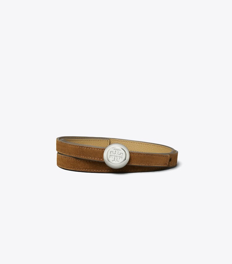Tory Burch designer belts 1" Romy Reversible Suede Belt in Park Bench / Tiramisu front