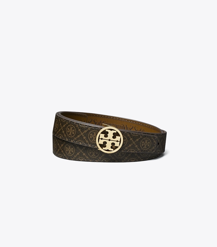 Tory Burch designer belts 1" T Monogram Coated Canvas Miller Reversible Belt in French Press / GOLD front