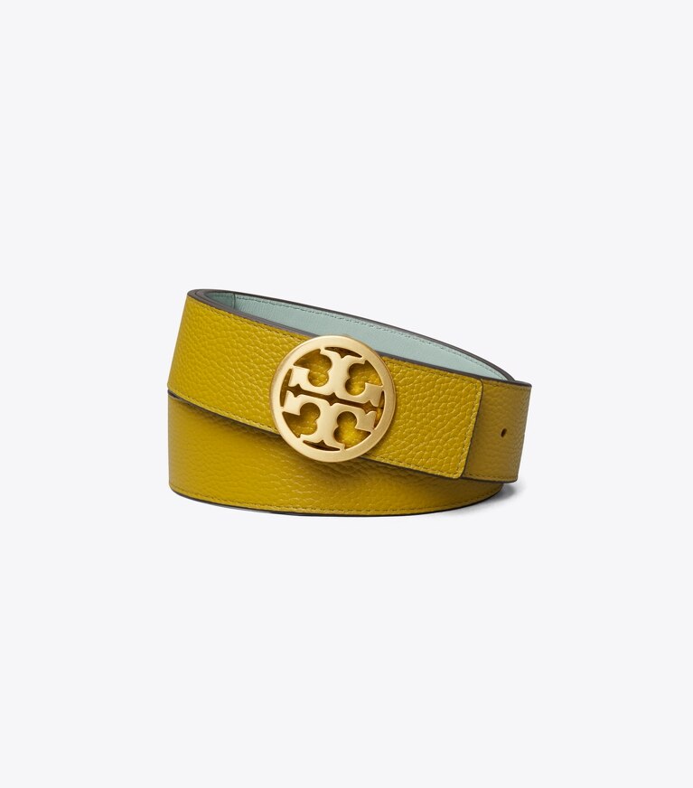 Tory Burch designer belts 1 1/2" Reversible Belt  in Cactus Green / Blue Celadon / Gold front