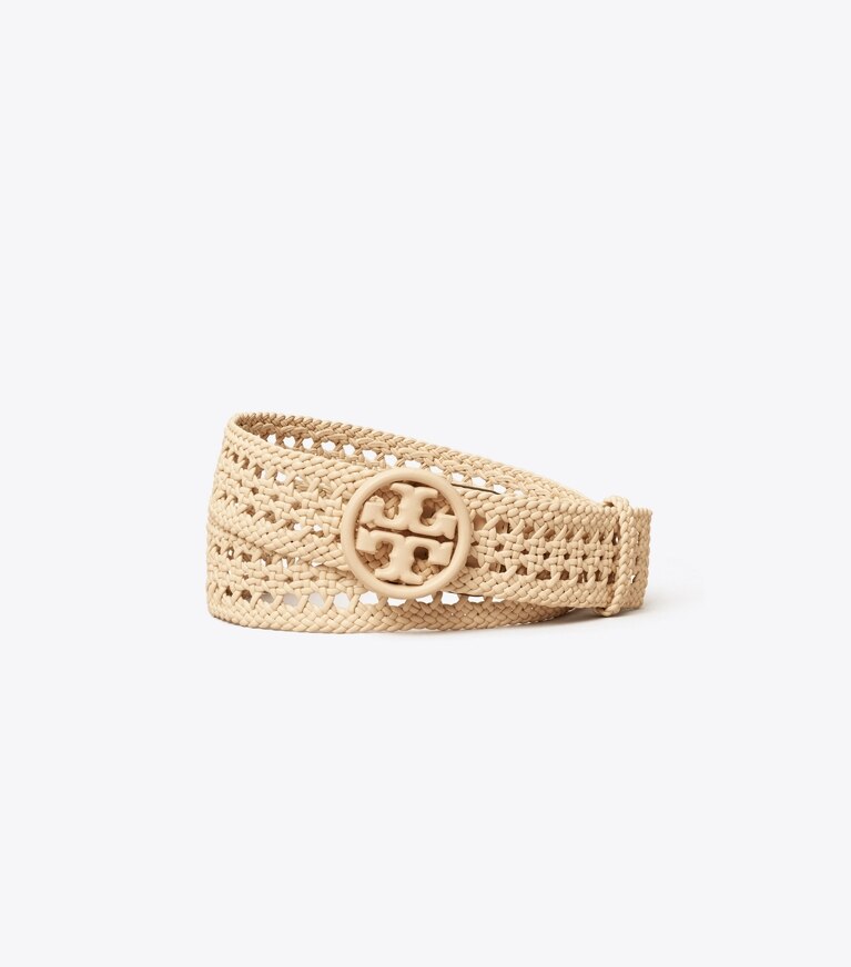 Tory Burch designer belts 1.5" Basketweave Miller Belt in BRIE front