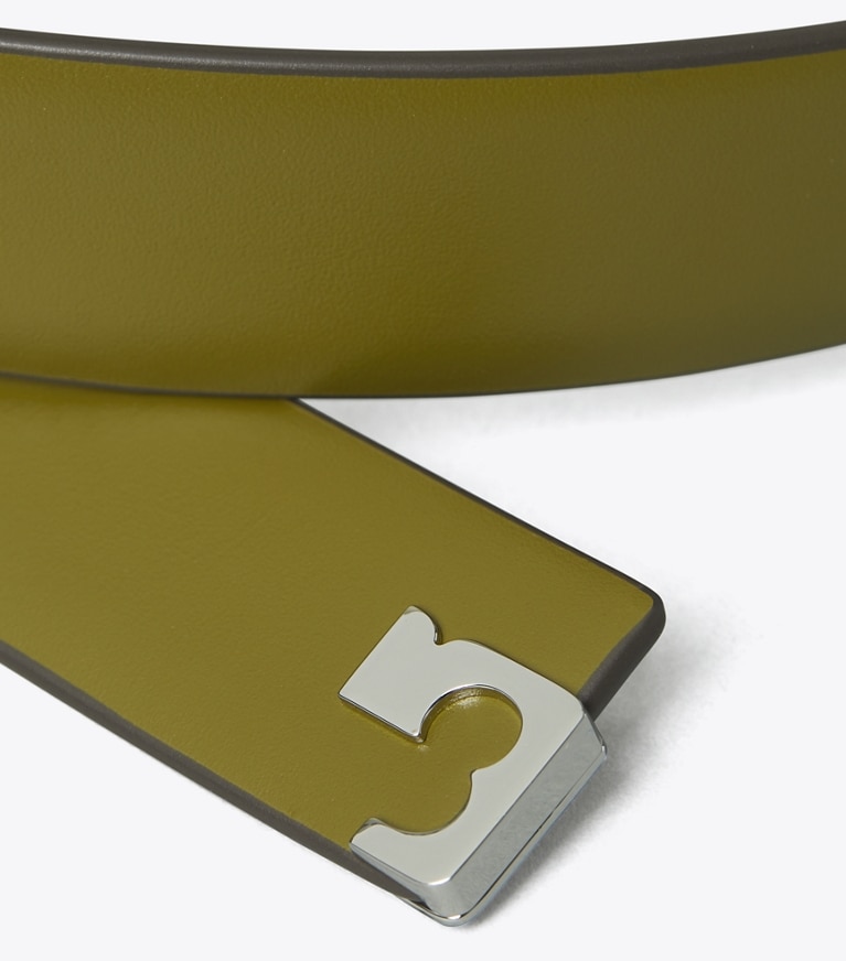 Tory Burch designer belts 1.5" Gigi Belt in Green Olive/Silver front