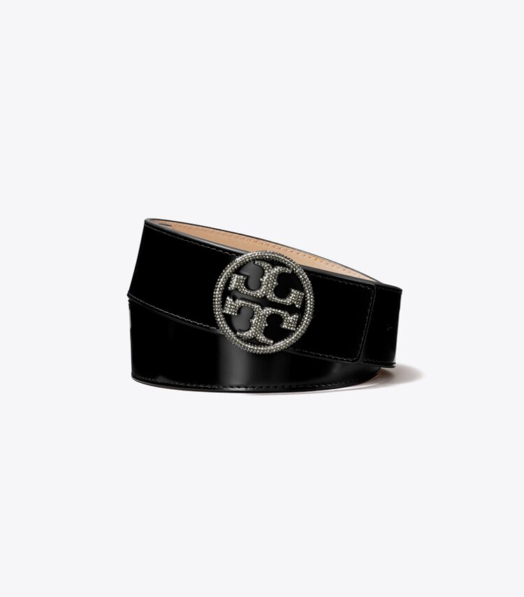 Tory Burch designer belts 1.5" Miller Crystal Embellished Spazzolato Belt in Black / Gunmetal front