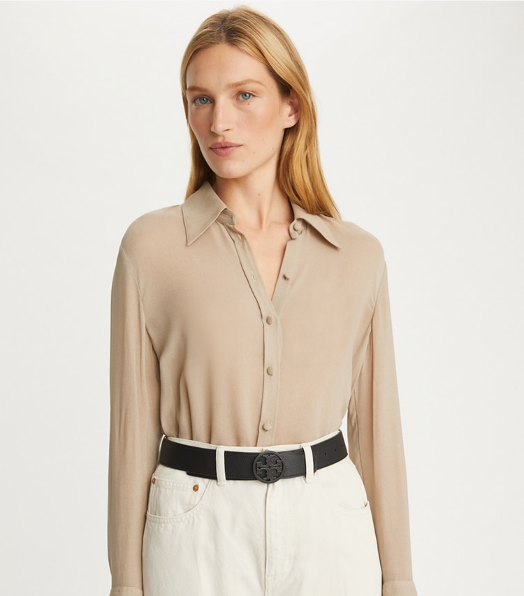 Tory Burch designer belts 1.5" Miller Pebbled Powder-Coated Belt in BLACK / BLACK / BLACK accessory on model