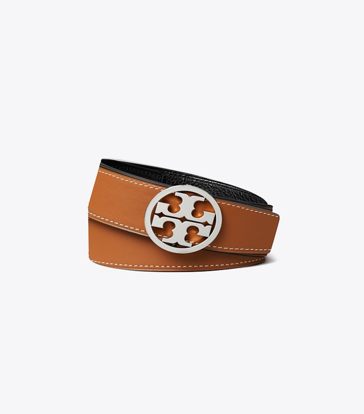 Tory Burch designer belts 1.5" Miller Reversible Belt in Black / Classic Cuoio / Silver back