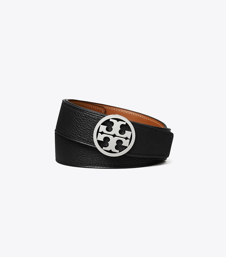 Tory Burch designer belts 1.5" Miller Reversible Belt in Black / Classic Cuoio / Silver front