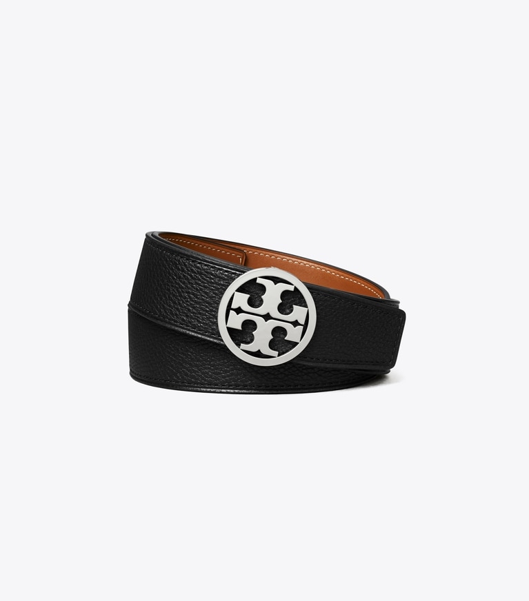 Tory Burch designer belts 1.5" Miller Reversible Belt in Black / Classic Cuoio / Silver front