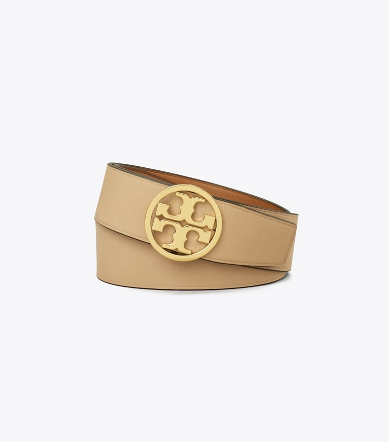 Tory Burch designer belts 1.5" Miller Reversible Belt in Earthy Cane / KOBICHA / Gold front