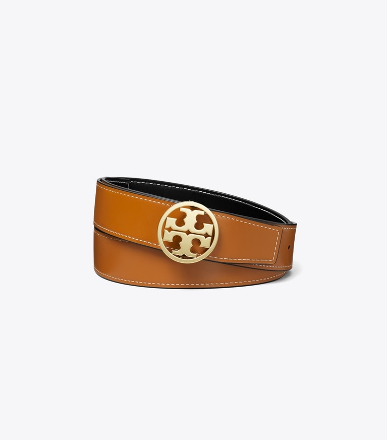 Tory Burch designer belts 1.5" Miller Smooth Reversible Belt in Black / Malt Whiskey / Gold front