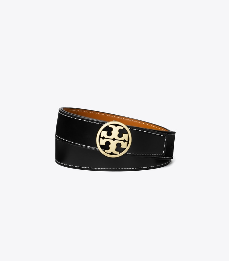 Tory Burch designer belts 1.5" Miller Smooth Reversible Belt in Black / Malt Whiskey / Gold front