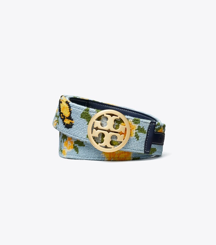 Tory Burch designer belts 1.5" Needlepoint Logo Belt in GLACIAL BLUE front
