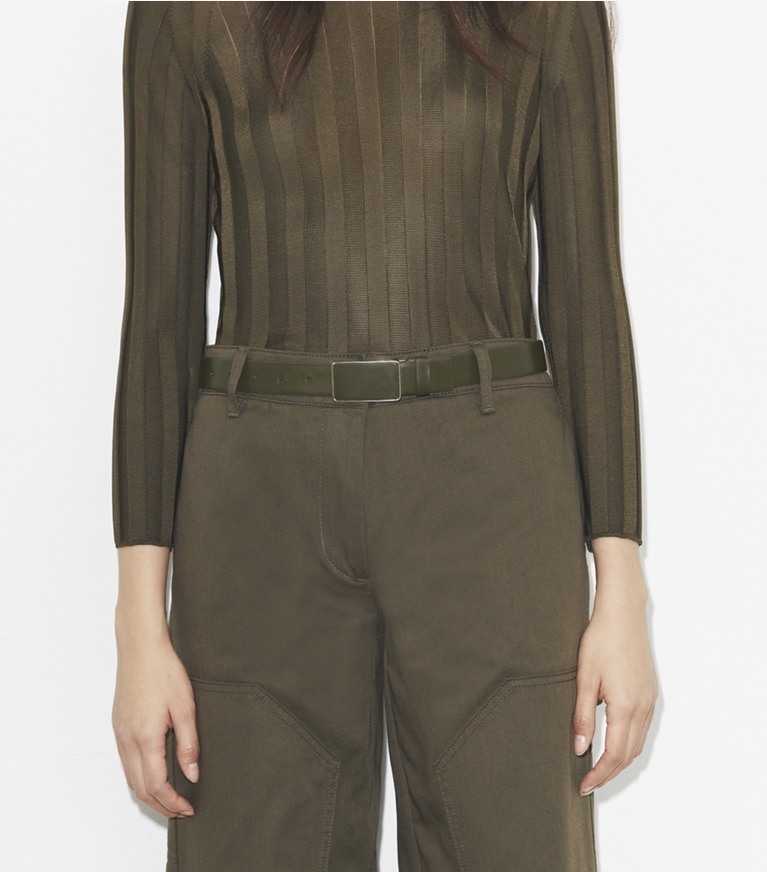 Tory Burch designer belts 1.5" Plate Belt in Dark Olive front