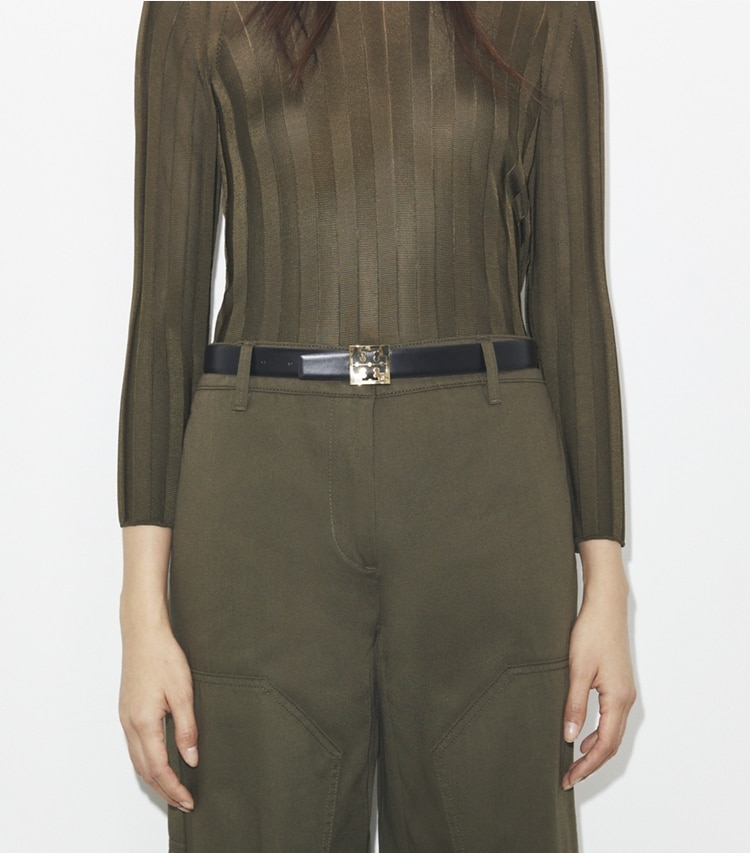 Tory Burch designer belts 1.5" Square Logo Belt in Black / John Coco accessory on model