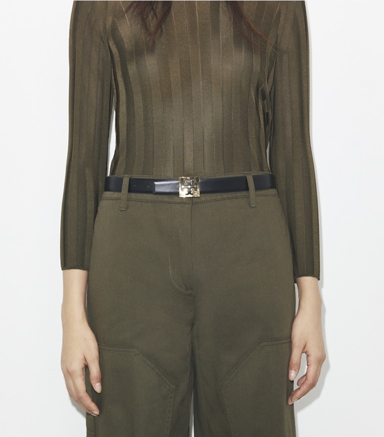 Tory Burch designer belts 1.5" Square Logo Belt in Black / John Coco front