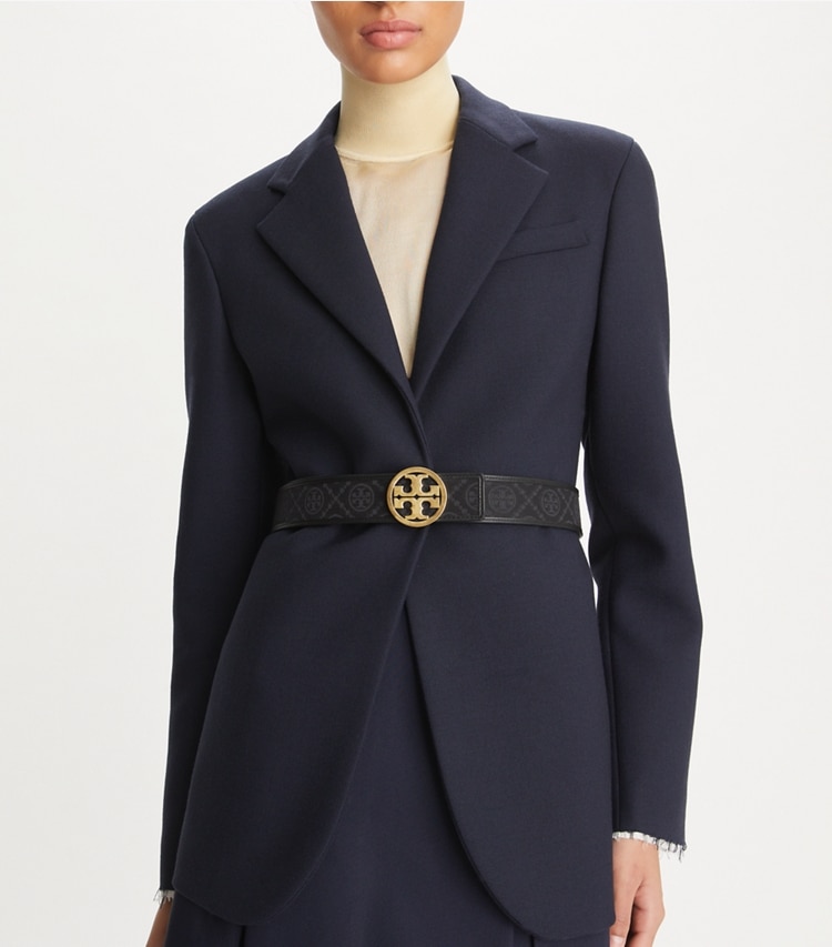 Tory Burch designer belts 1.5" T Monogram Belt in Black accessory on model