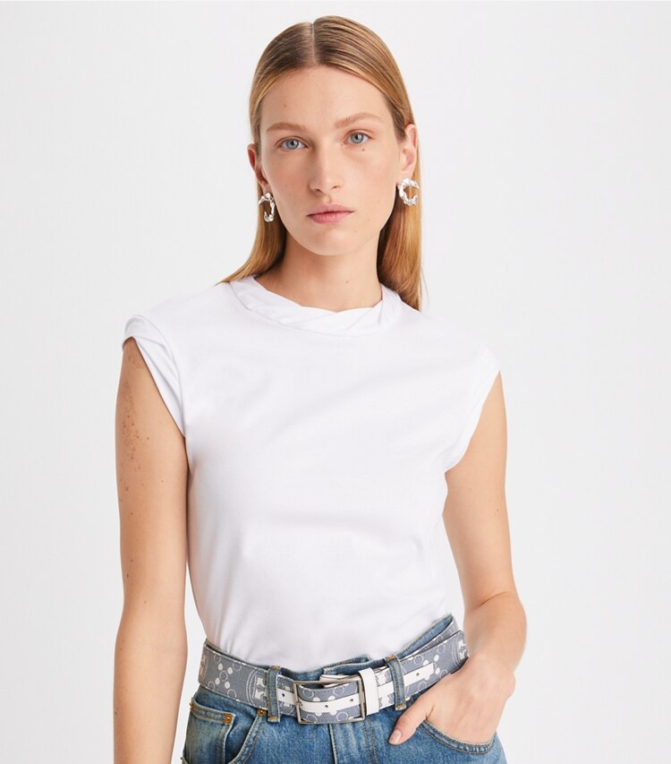 Tory Burch designer belts 1.5" T Monogram Denim Belt in Pearl Blue accessory on model